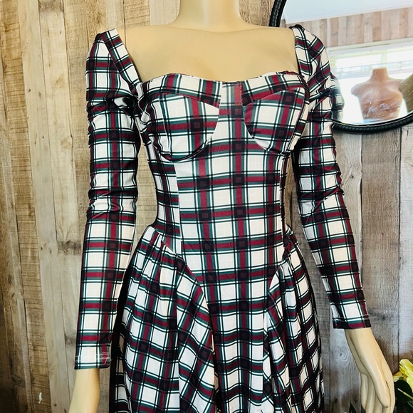 Elegant Plaid A-line Dress for Women Square Neck Backless Long Sleeves Slim Dres - Picture 5 of 15